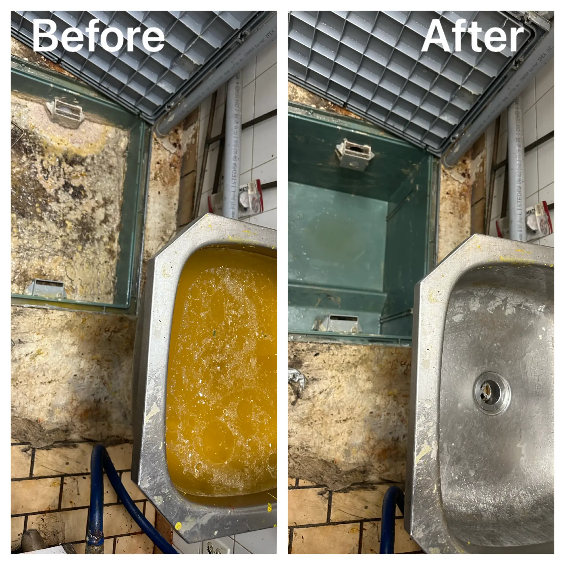 Grease trap before and after cleaning: thick grease and oily water on the left, the trap and sink pumped out and cleaned on the right